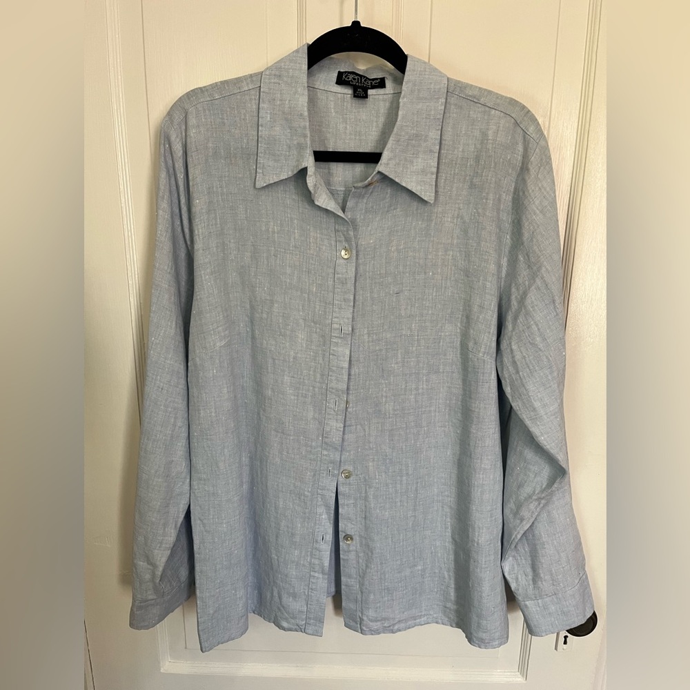 Karen Kane Women’s Sz XL Pale Blue 100% Linen Button Up Shirt